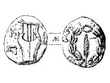 Simon Bar Gioras, Coin of, bronze, Jewish, 69 AD. Left: `Simon` (Bar Gioras), three-stringed lyre. Right: Deliverance of Jerusalem`, palm branch, enclosed in an olive wreath.